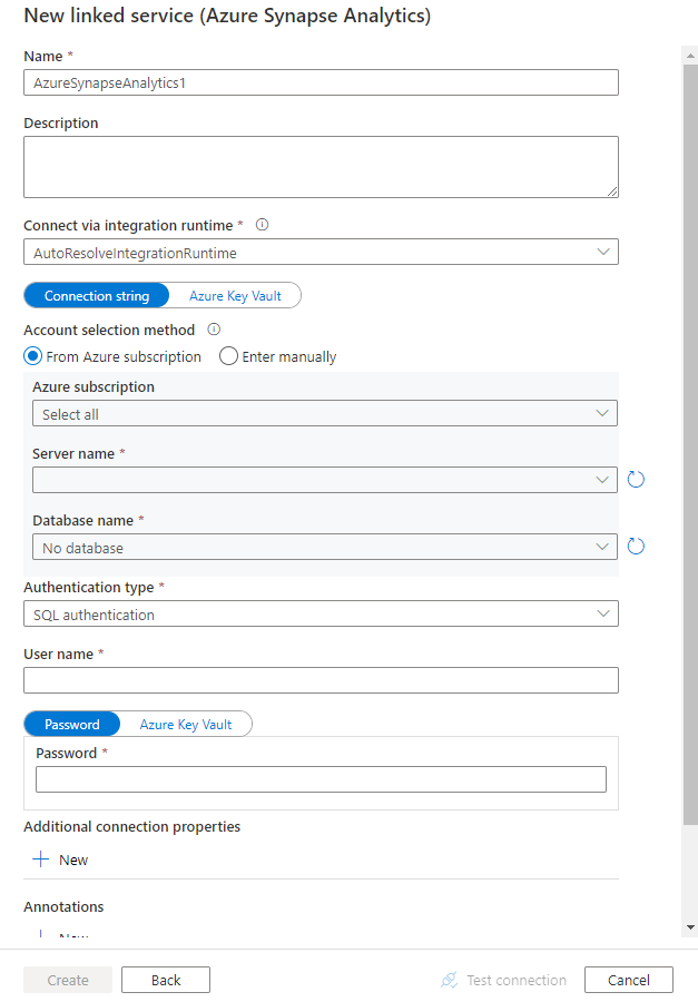 Screenshot of configuration for an Azure Synapse Analytics linked service.