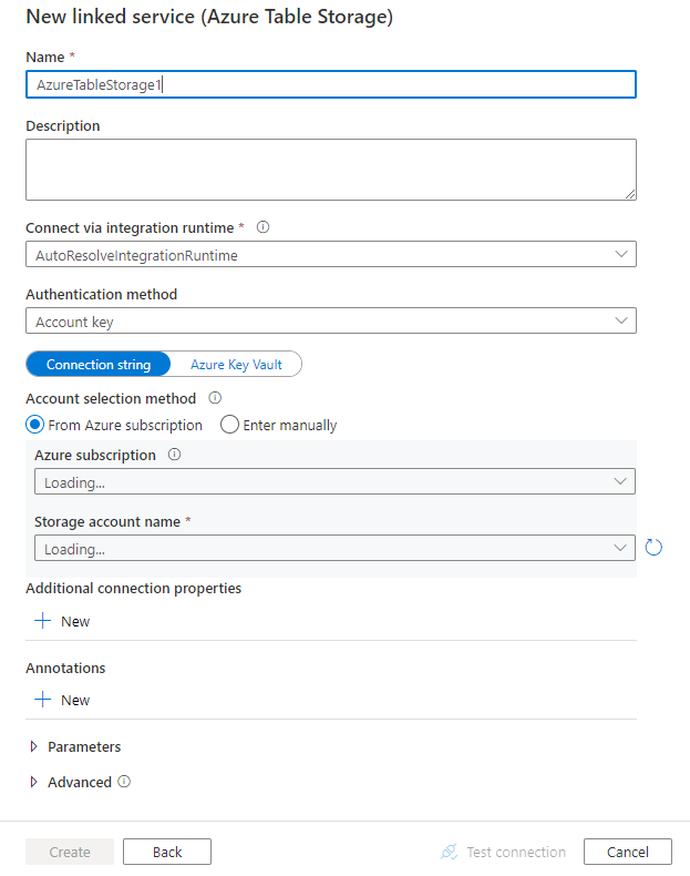 Screenshot of configuration for an Azure Table storage linked service.