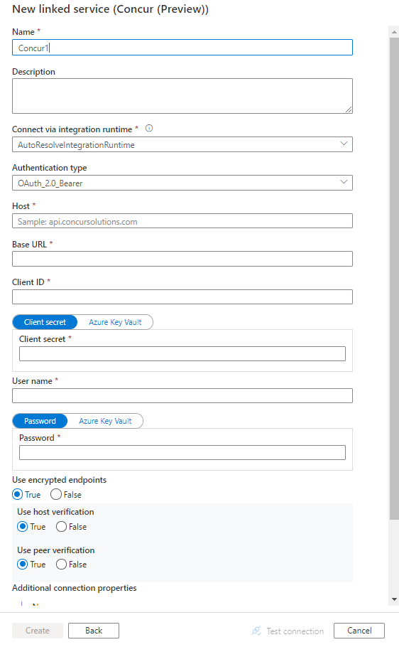 Screenshot of linked service configuration for Concur.