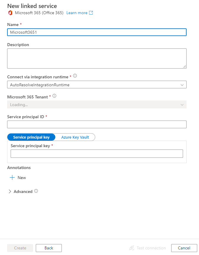 Screenshot of linked service configuration for Microsoft 365 (Office 365).