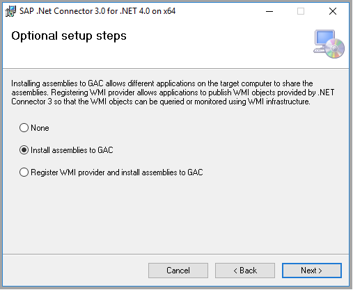 Screenshot showing installation of SAP Connector for .NET.