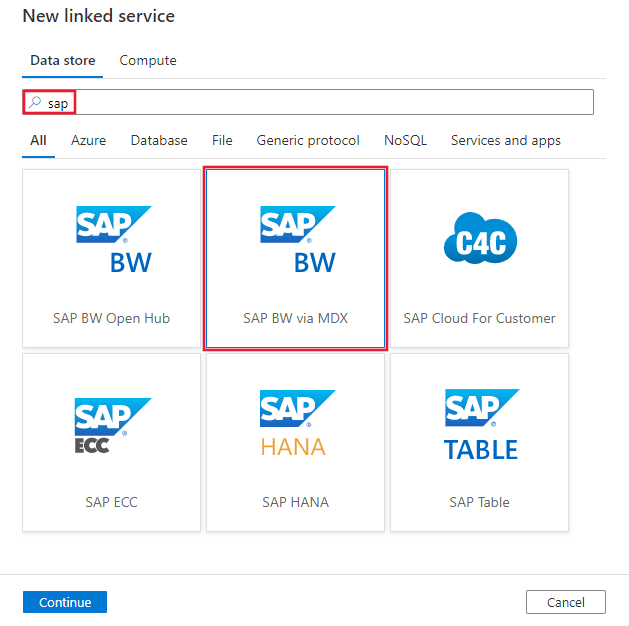 Select the SAP BW via MDX connector.