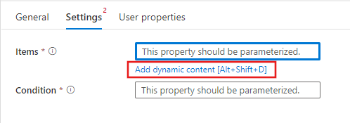 Shows the &nbsp;Add dynamic content&nbsp; link for the Items property.