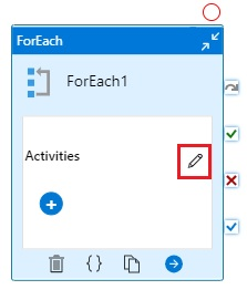 Shows the Activities editor button on the ForEach activity in the pipeline editor window.