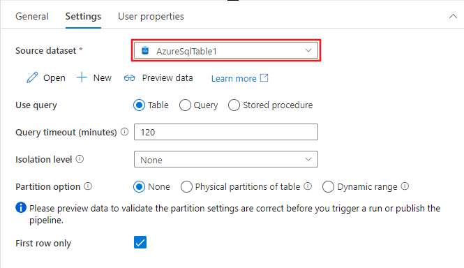 Shows the configuration options in the Lookup activity for an Azure SQL table dataset.