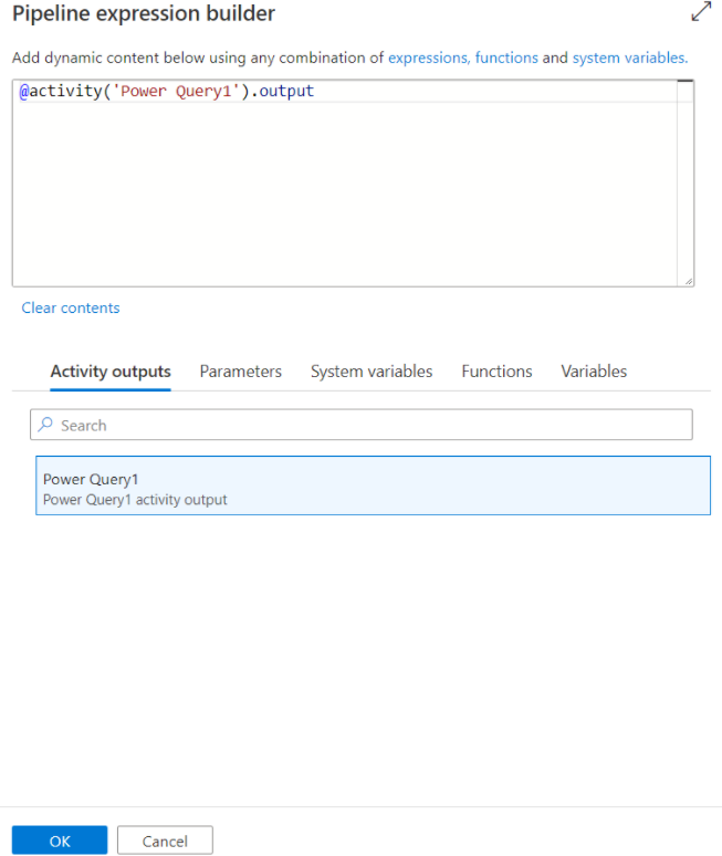 Shows the &nbsp;Add dynamic content&nbsp; pane referencing the Power Query defined above.