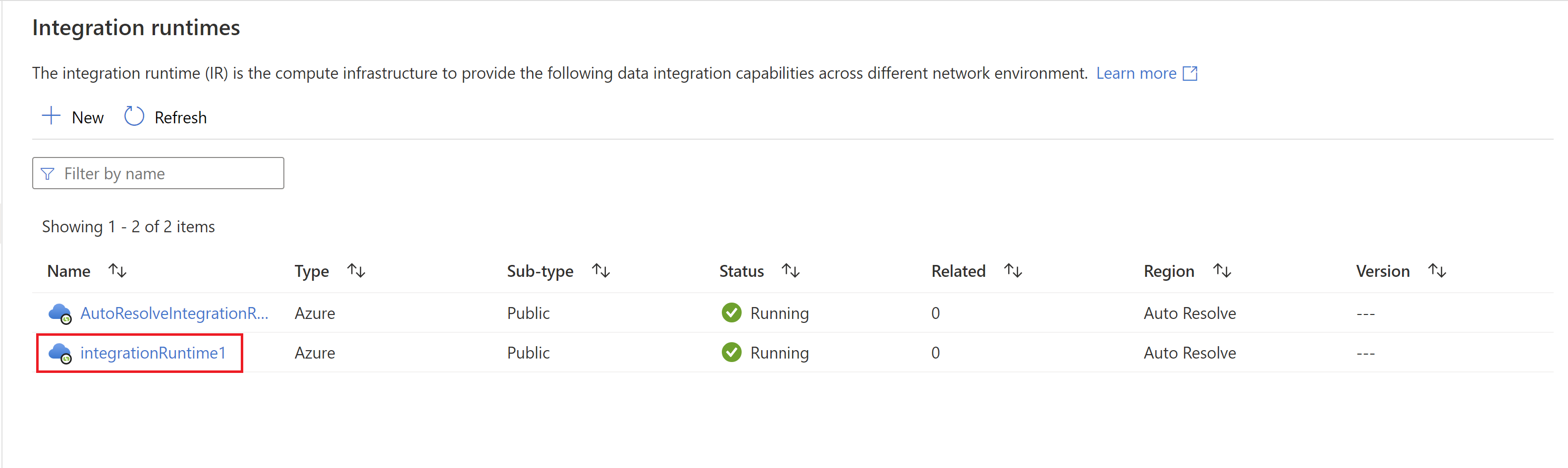 Screenshot showing the Azure integration runtime in the list.