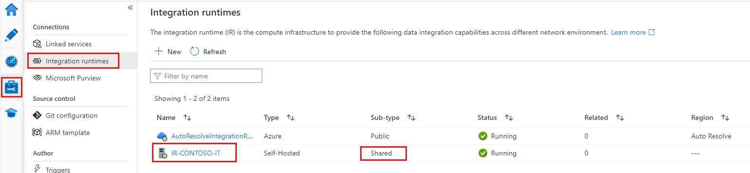 Selections to find a shared integration runtime