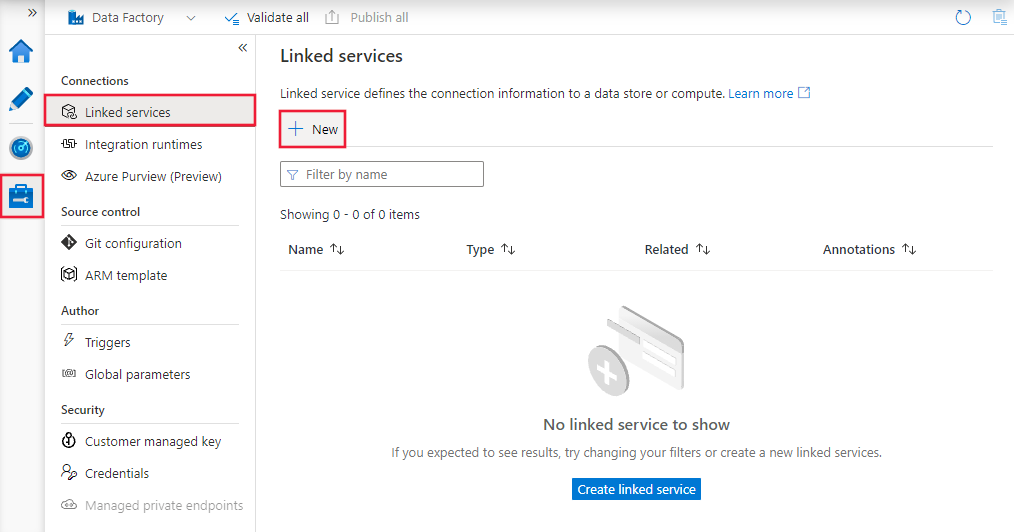 Screenshot showing the new linked service with user-assigned managed identity authentication.