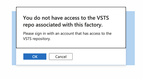 Shows the sign-in prompt to associate a VSTS repo with a cross-tenant Azure Data Factory.