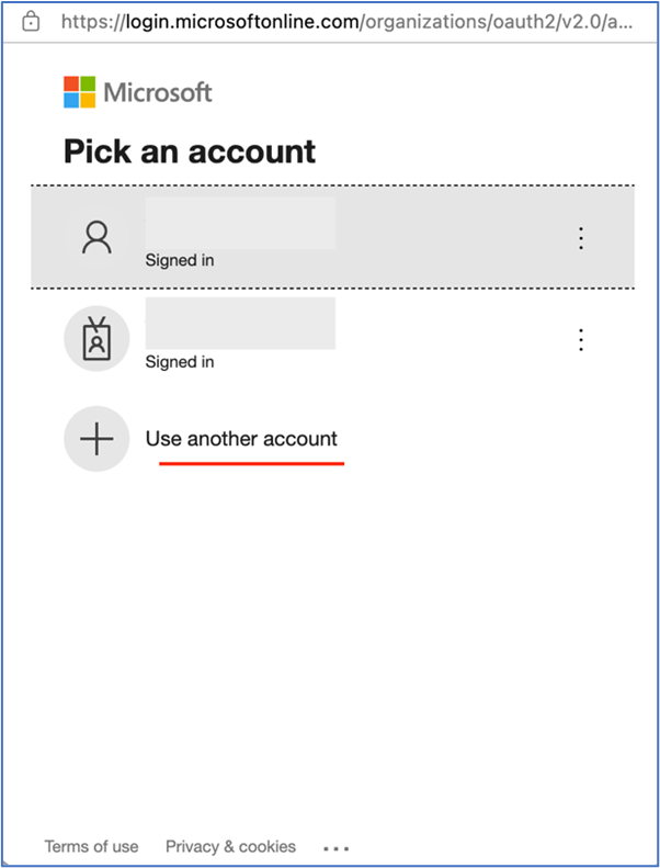 Shows the account selection dialog for choosing an account to connect to the remote Azure DevOps tenant.