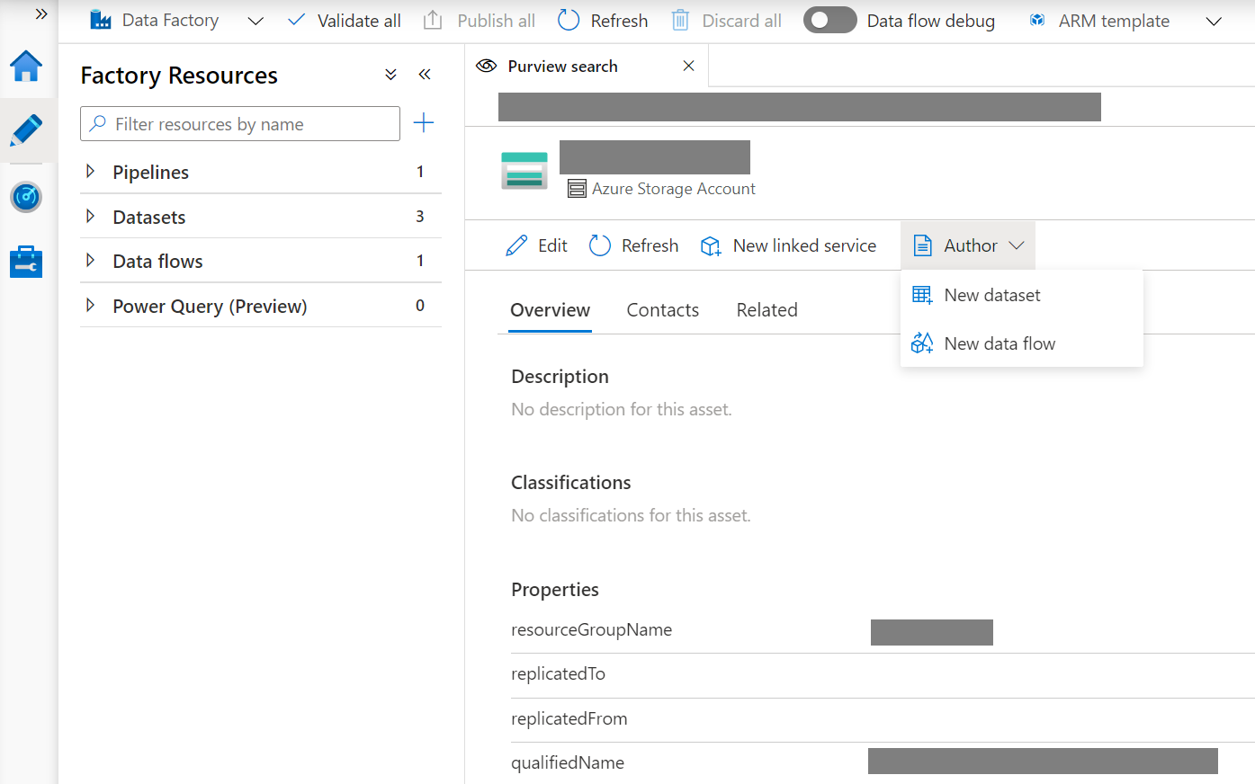 Screenshot that shows how you can directly create Linked Service, Dataset, or dataflow over the data you search by Microsoft Purview.