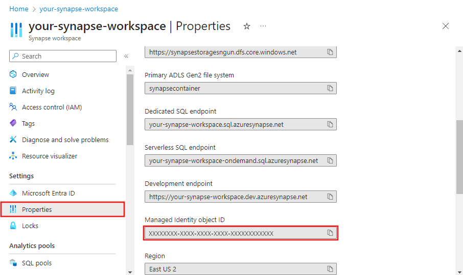 Shows the Azure portal with the system-managed identity object ID for a Synapse workspace.
