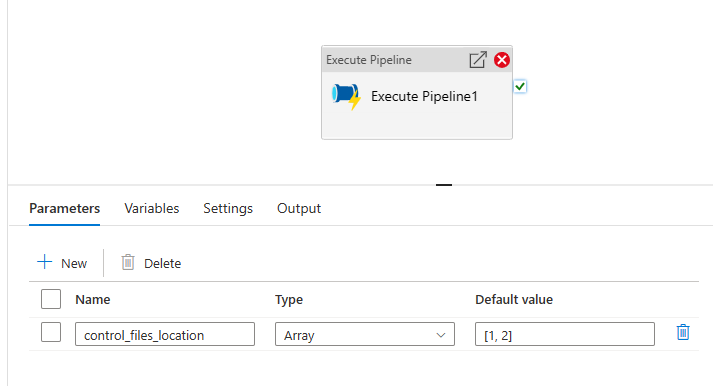 Screenshot showing the parameters of the Execute Pipeline activity.