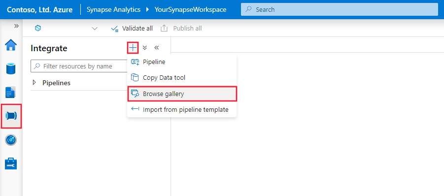 Shows how to open the template gallery in Data Factory.