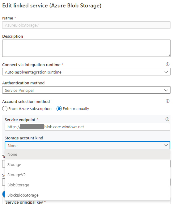 Screenshot that shows how to specify storage account kind in Azure Blob Storage linked service.