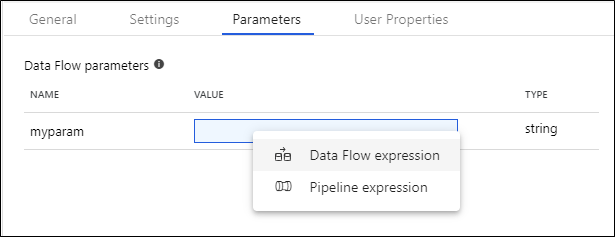 Screenshot shows the Parameters tab with Data Flow expression selected for the value of myparam.