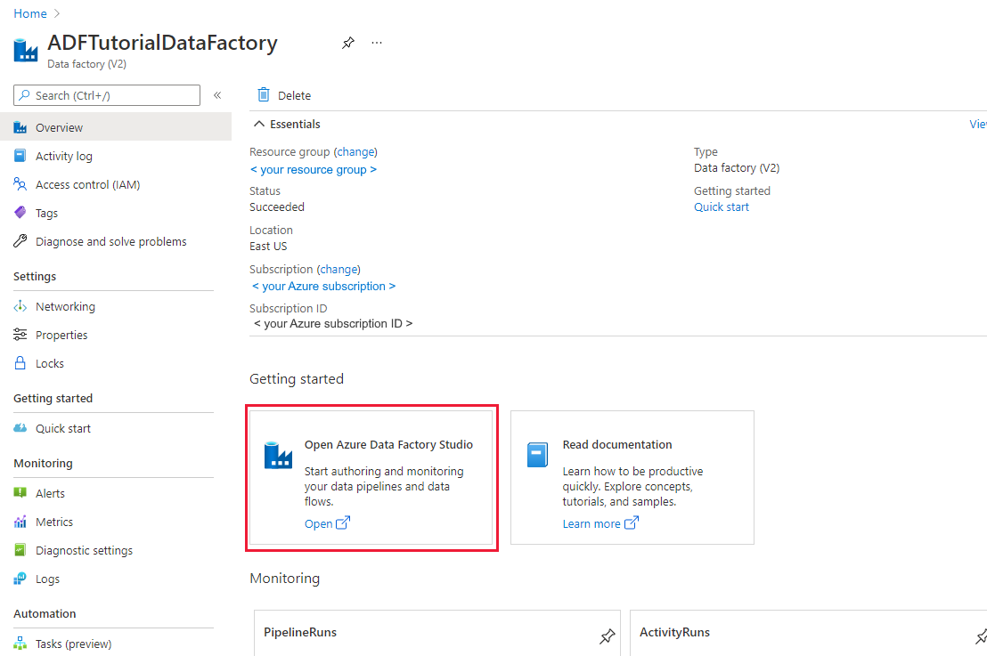 Screenshot of home page for the Azure Data Factory, with the Open Azure Data Factory Studio tile.