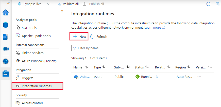 Screenshot that highlights integration runtimes in the left pane and the +New button.