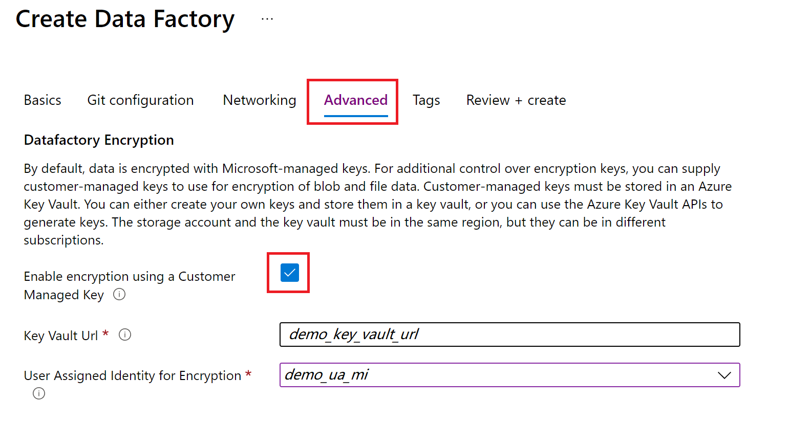 Screenshot of Advanced tab for data factory creation experience in Azure portal.