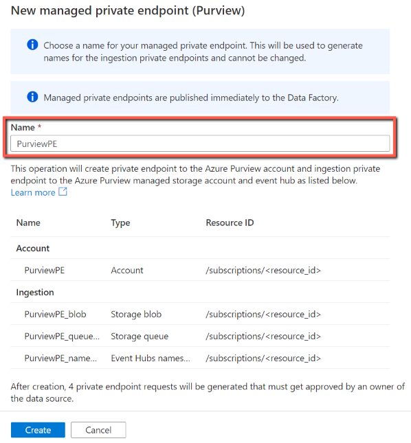 Name the managed private endpoints for your connected Microsoft Purview account.