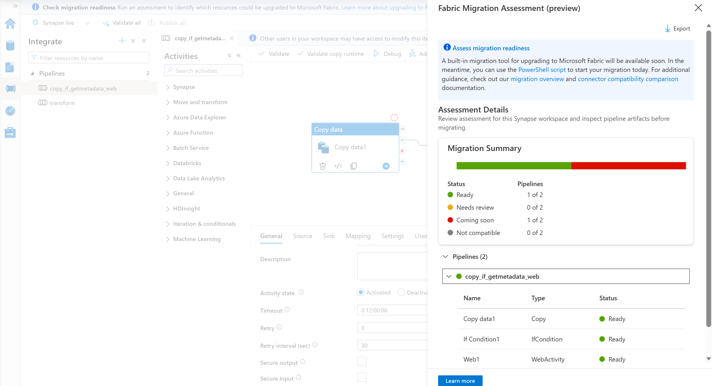 Screenshot showing how to view the Synapse Pipelines assessment in the side pane.