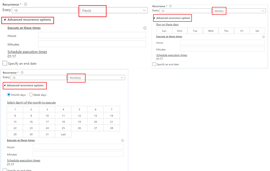 Screenshot that shows the advanced recurrence options of Day(s), Week(s), and Month(s).