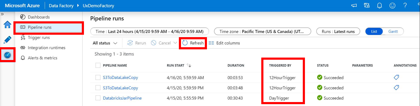 Screenshot that shows monitoring triggered runs in Data Factory.