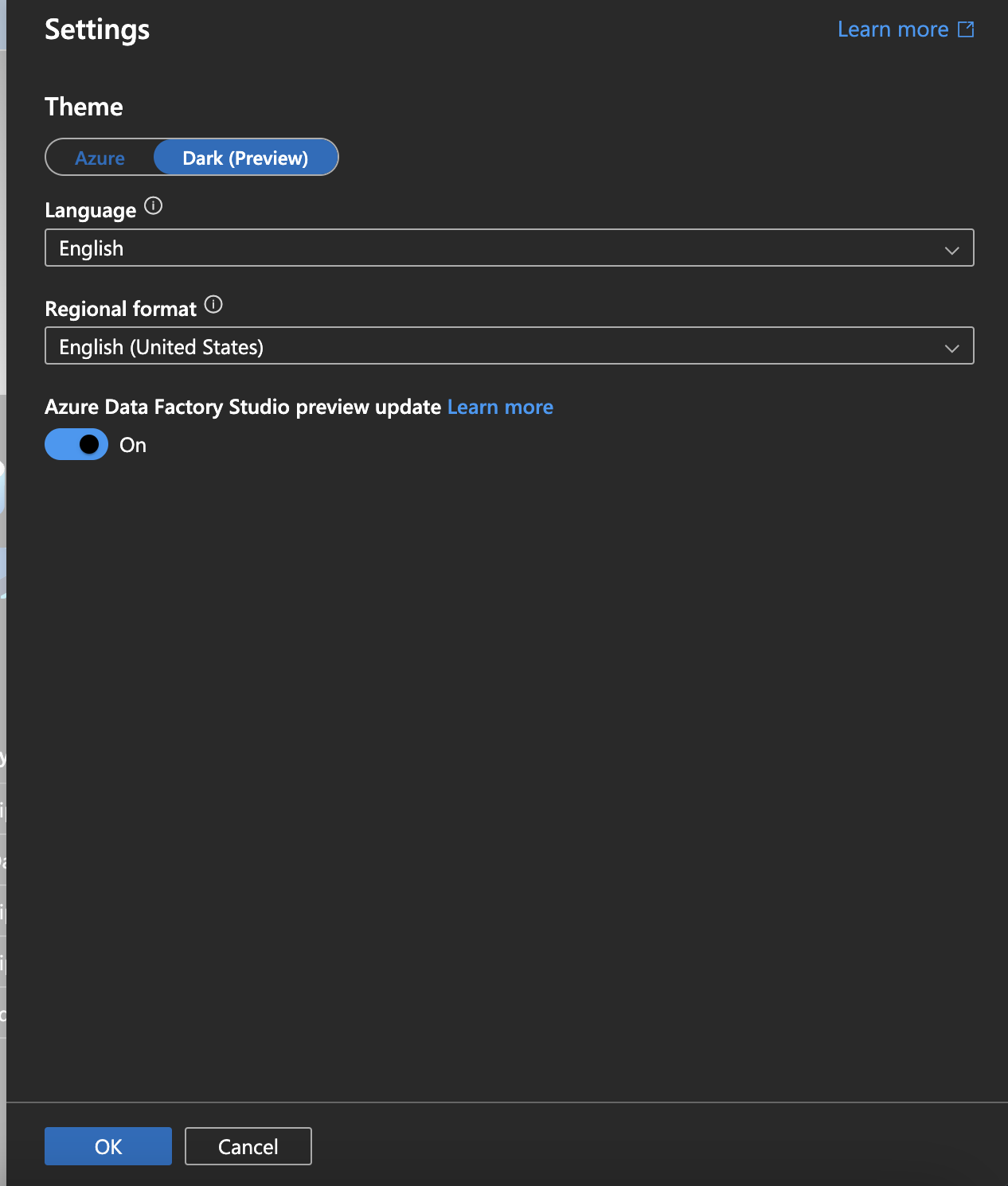 Screenshot of settings flyout with the Theme switched to Dark theme.