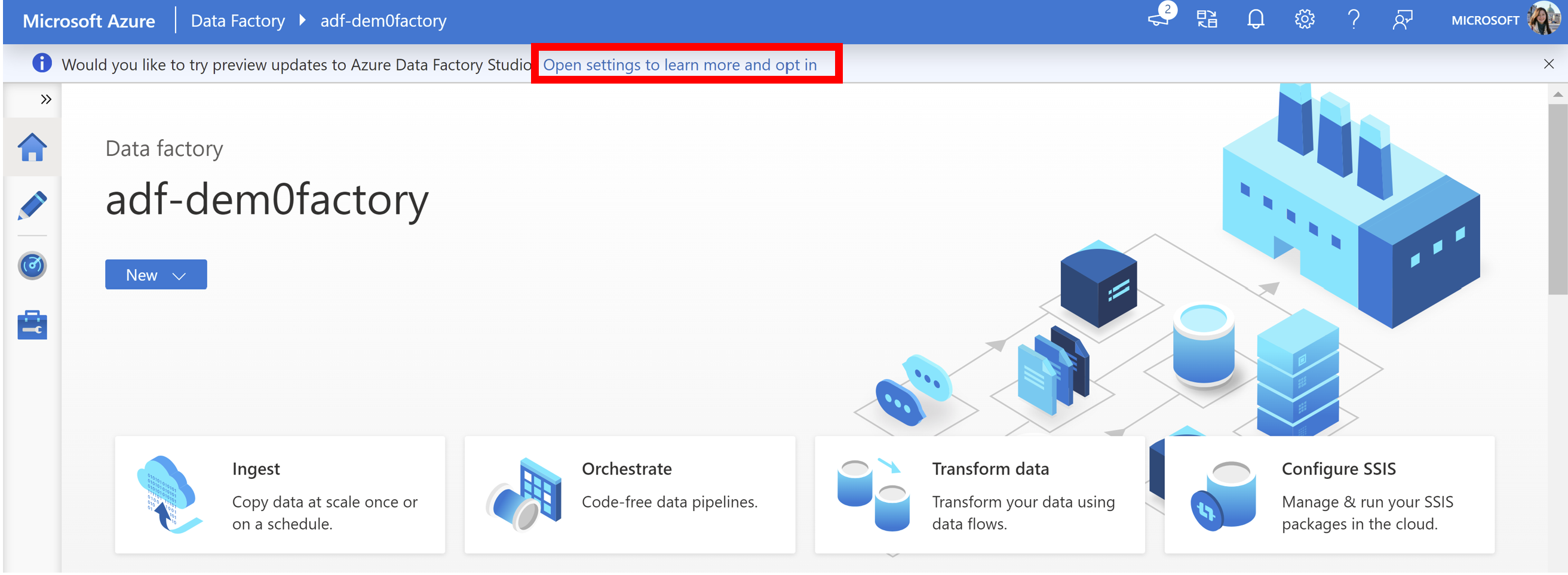 Screenshot of Azure Data Factory home page with an Opt-in option in a banner at the top of the screen.