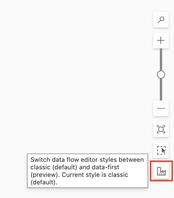 Screenshot of data flow canvas options with button to switch views highlighted.