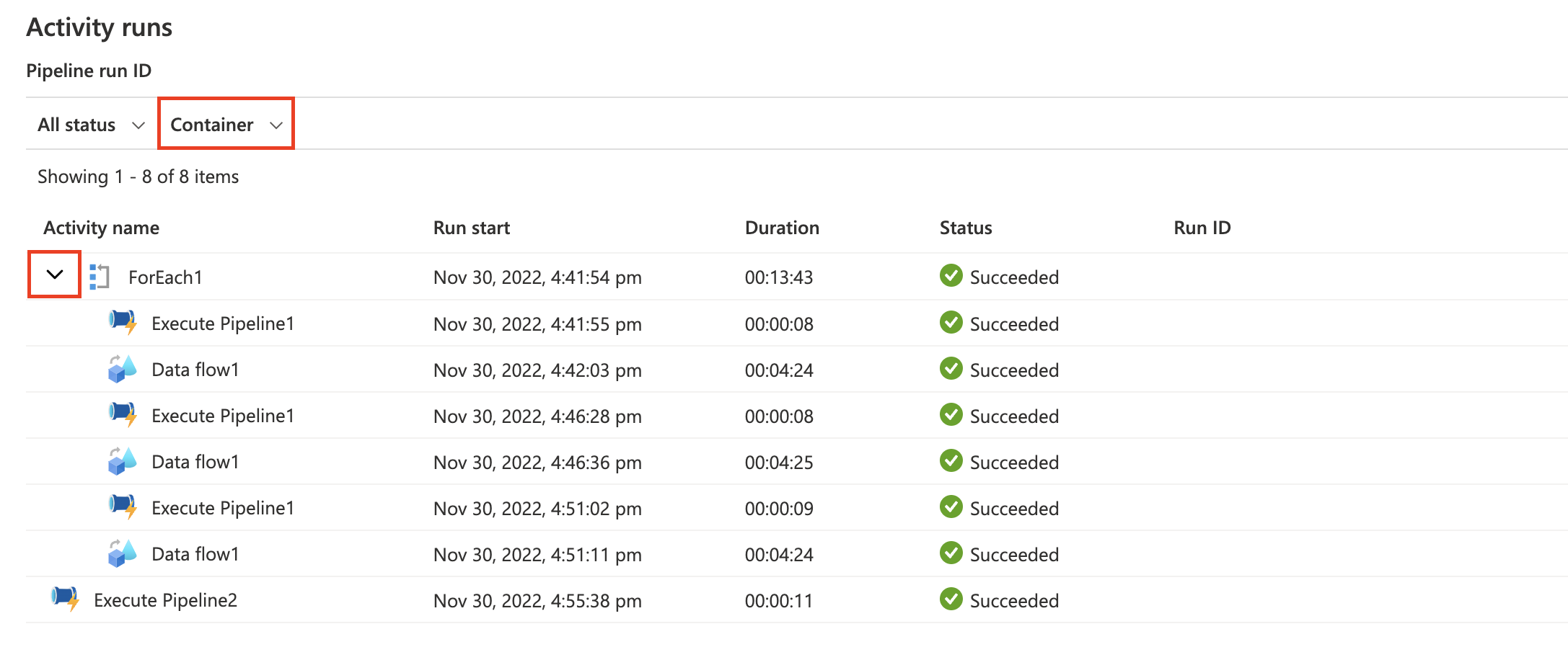 Screenshot of the container monitoring view in pipeline monitoring.