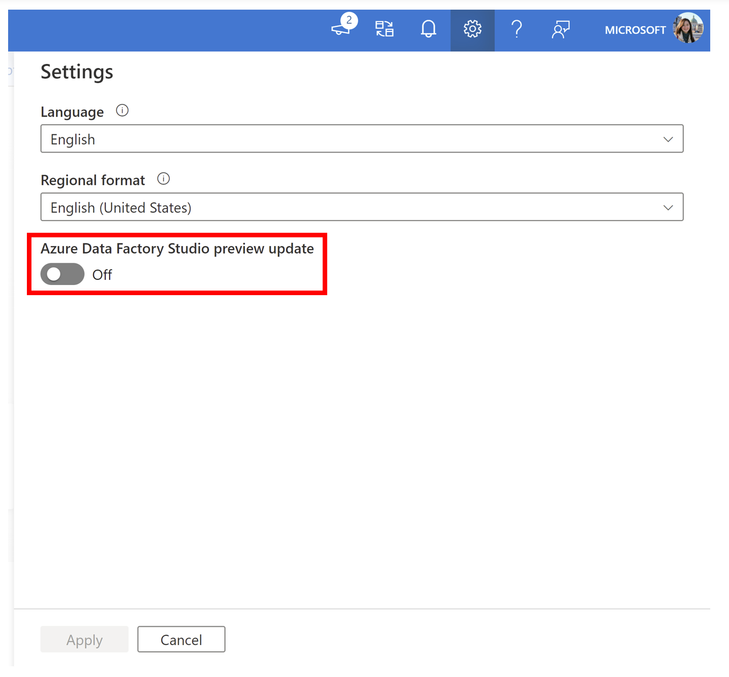 Screenshot of Settings panel highlighting button to turn on Azure Data Factory Studio preview update.