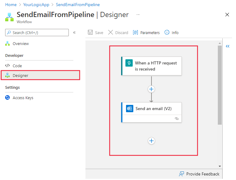 Shows the Logic App workflow designer with a Send Email (V2); action from an HTTP request trigger.
