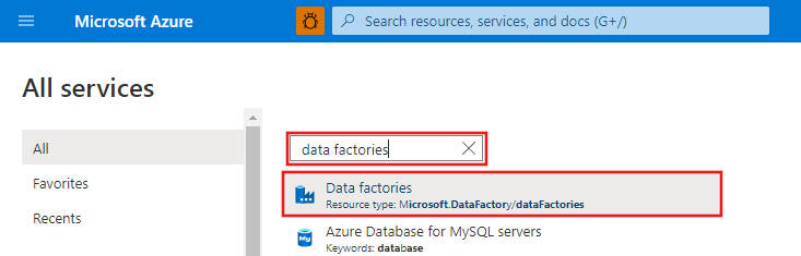Screenshot of the All Services page on the Azure portal filtered for Data Factories.