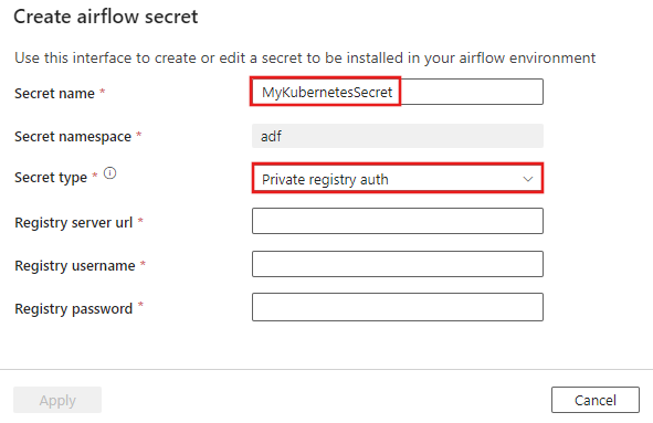 Add a Kubernetes secret to pull an image from a private container registry  - Azure Data Factory | Microsoft Learn