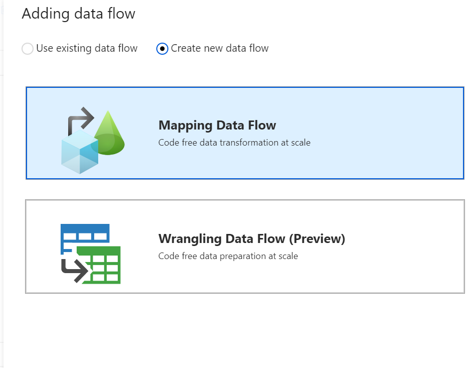 Screenshot from the Azure portal of adding a new mapping data flow.