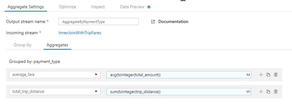 Screenshot from the Azure portal of two columns in the aggregate settings grouped by option.
