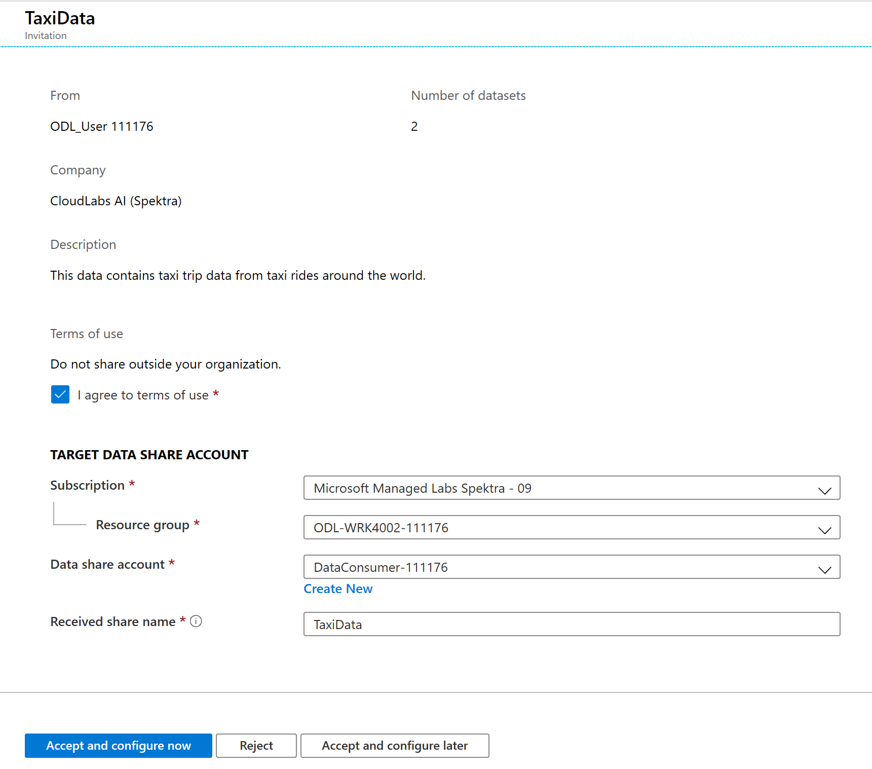 Screenshot from the Azure portal of the page to Accept and Configure a data share.