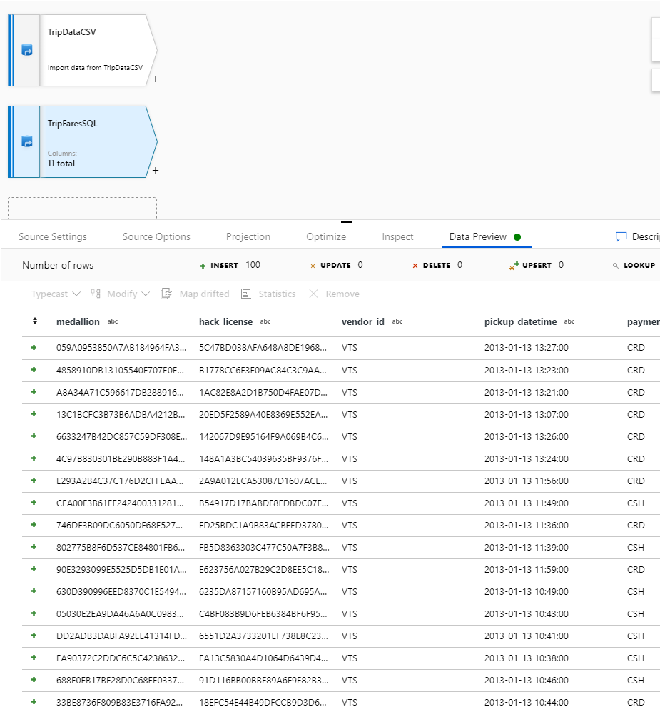 Screenshot from the Azure portal of the data preview of another data source in the data flow.
