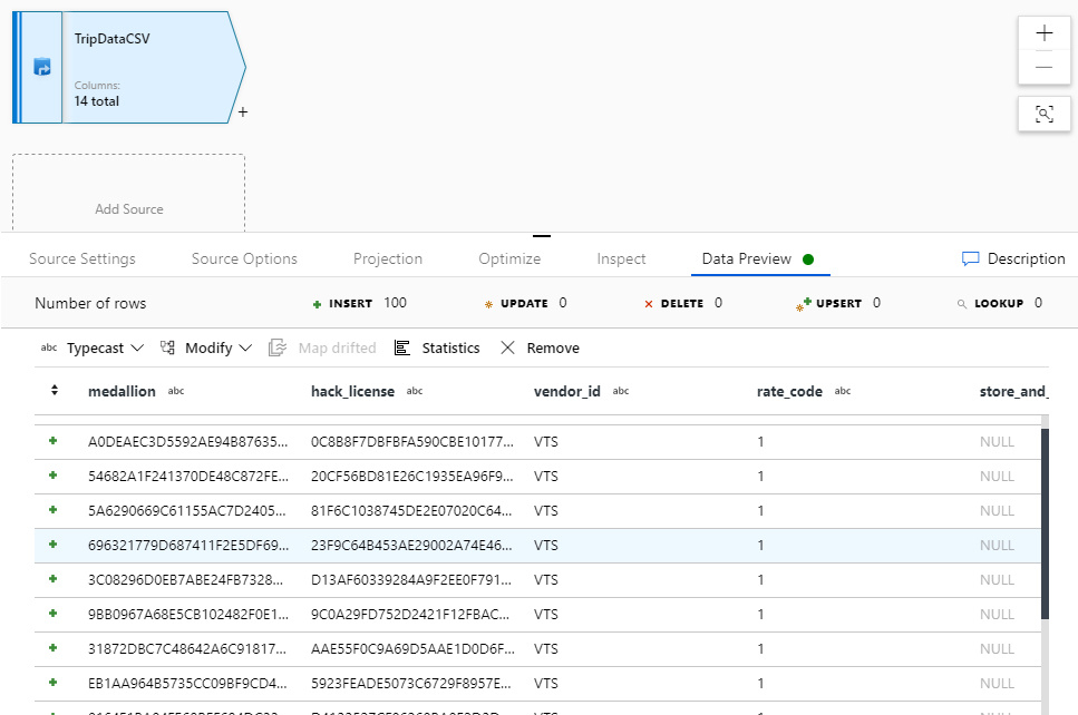 Screenshot from the Azure portal of the data flow preview.