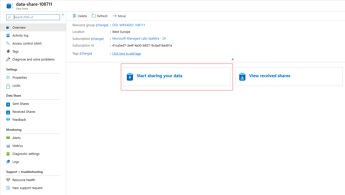 Screenshot from the Azure portal of the start sharing your data button.