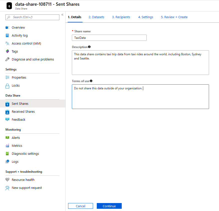 Screenshot from the Azure portal of the Data Share details in Sent Shares.