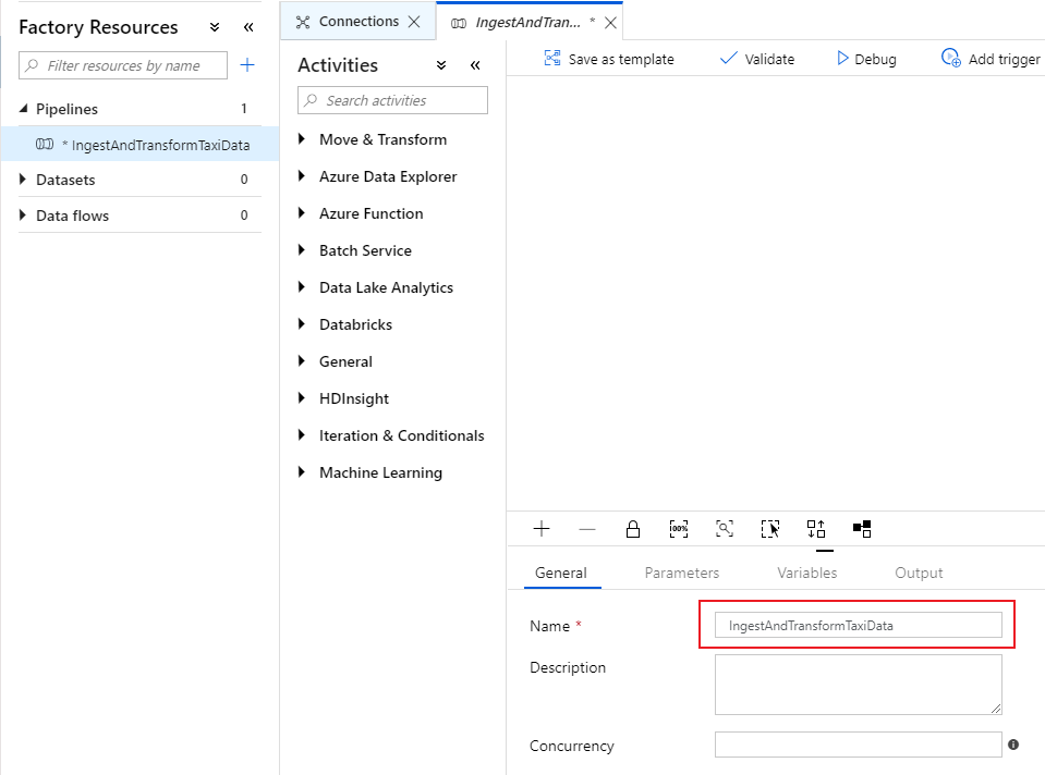 Screenshot from the Azure portal of new Ingest and Transform Taxi data object.