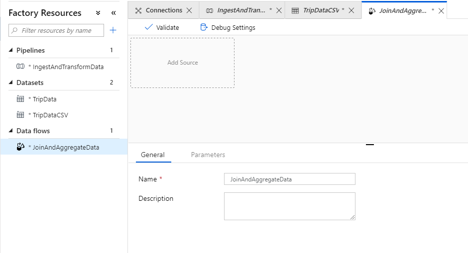 Screenshot from the Azure portal of the Join And Aggregate Data flow.