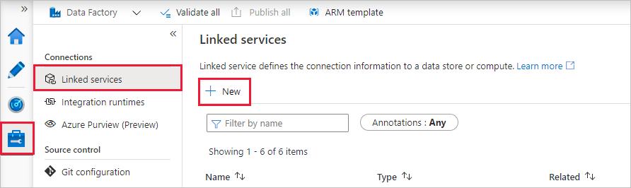 Screenshot from the Azure portal of creating a new linked service.