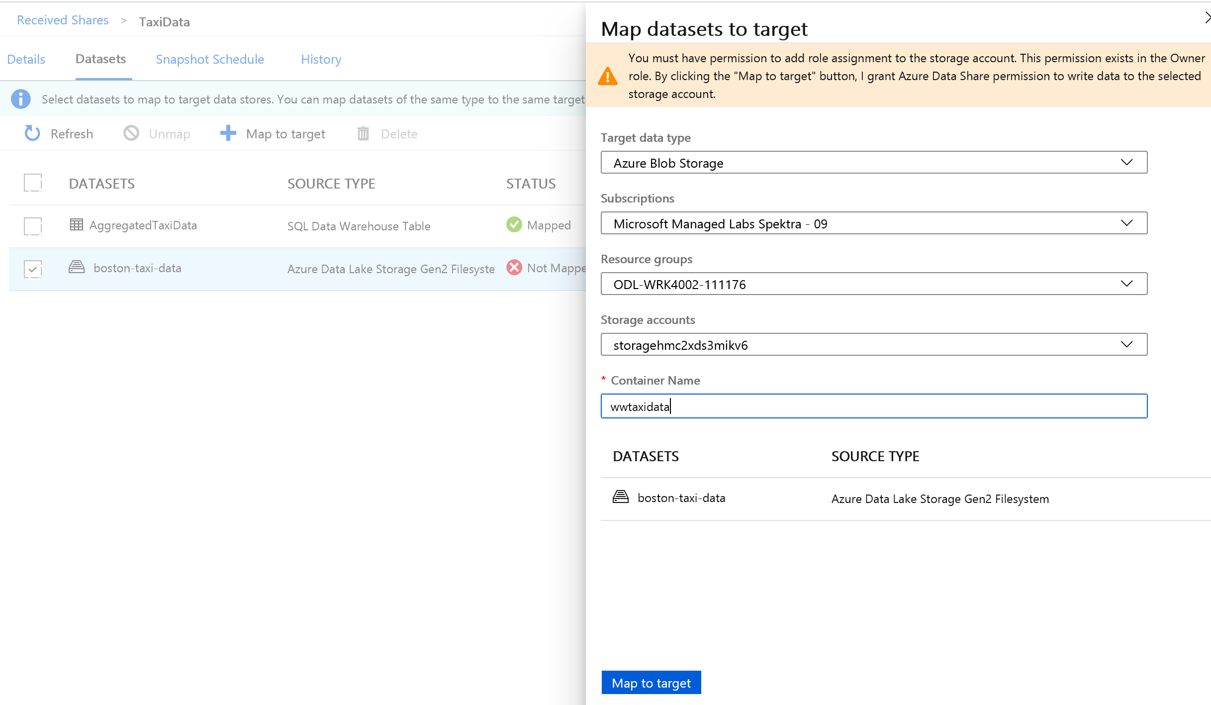 Screenshot from the Azure portal of map datasets to a target Azure Blob Storage.