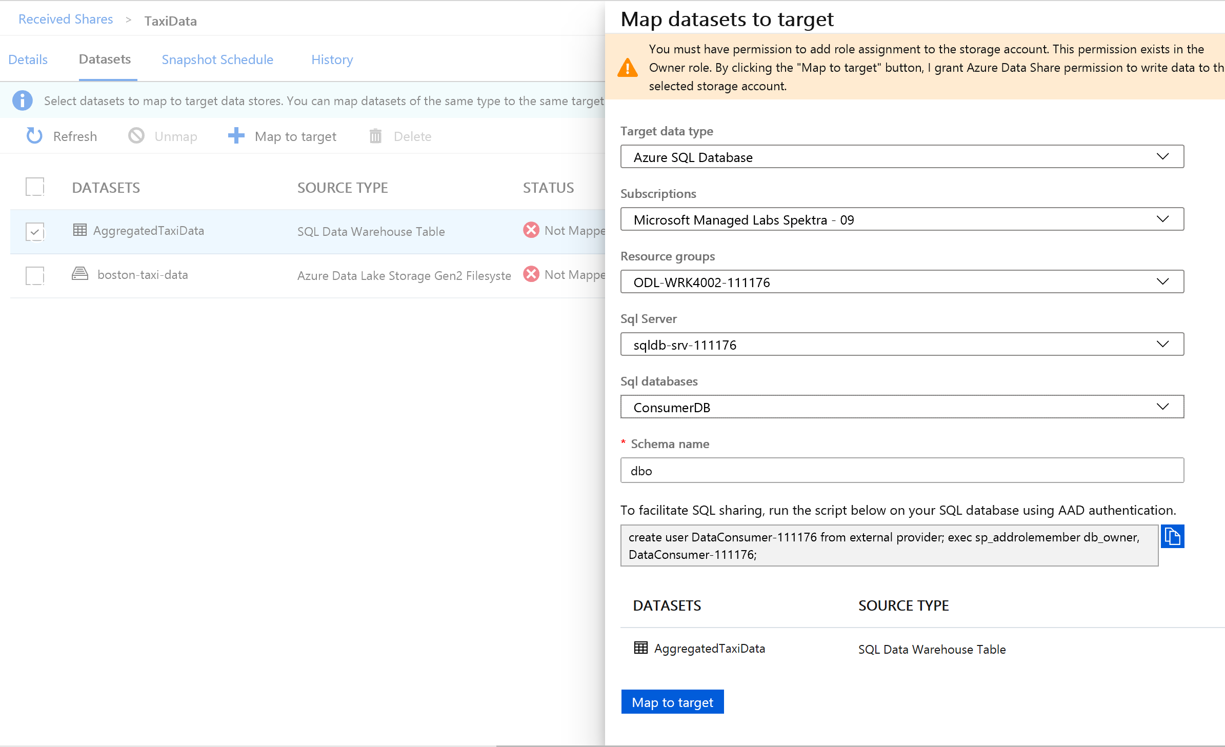 Screenshot from the Azure portal of map datasets to a target Azure SQL Database.