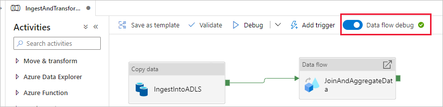 Screenshot from the Azure portal of the data flow debug button for the on success pipeline.