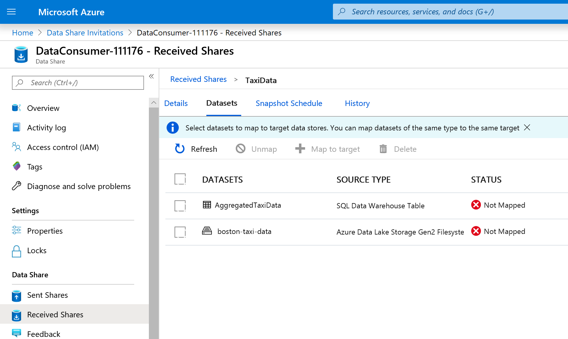 Screenshot from the Azure portal of unmapped datasets.